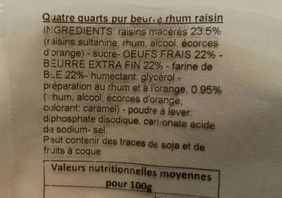 QUATRE QUARTS RHUM RAISINS 280 gr - Ingredients - fr