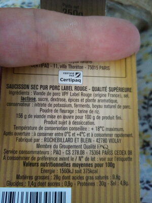 Saucisson sec Label Rouge - Ingredients - fr