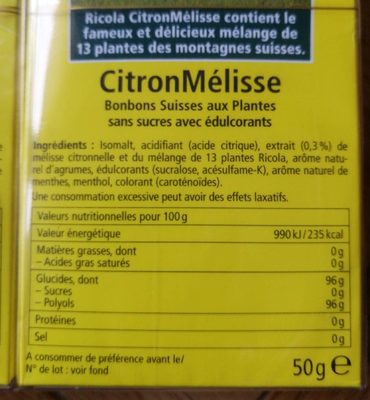 Citron mélisse - Tableau nutritionnel