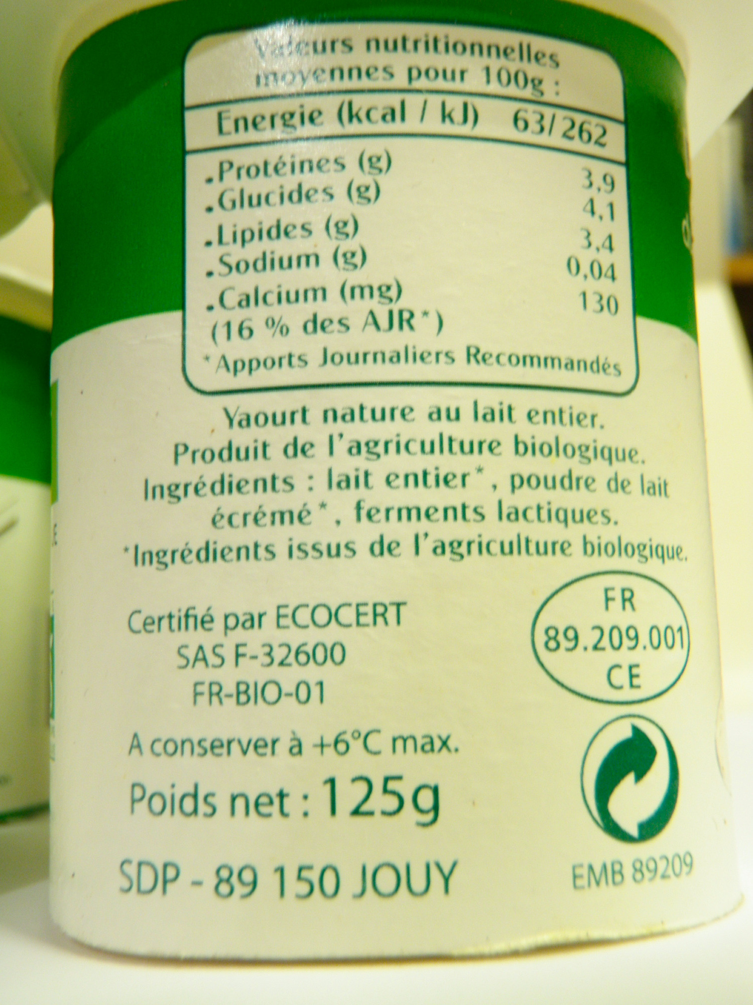 Yaourt Nature bio - Ingredientes - fr