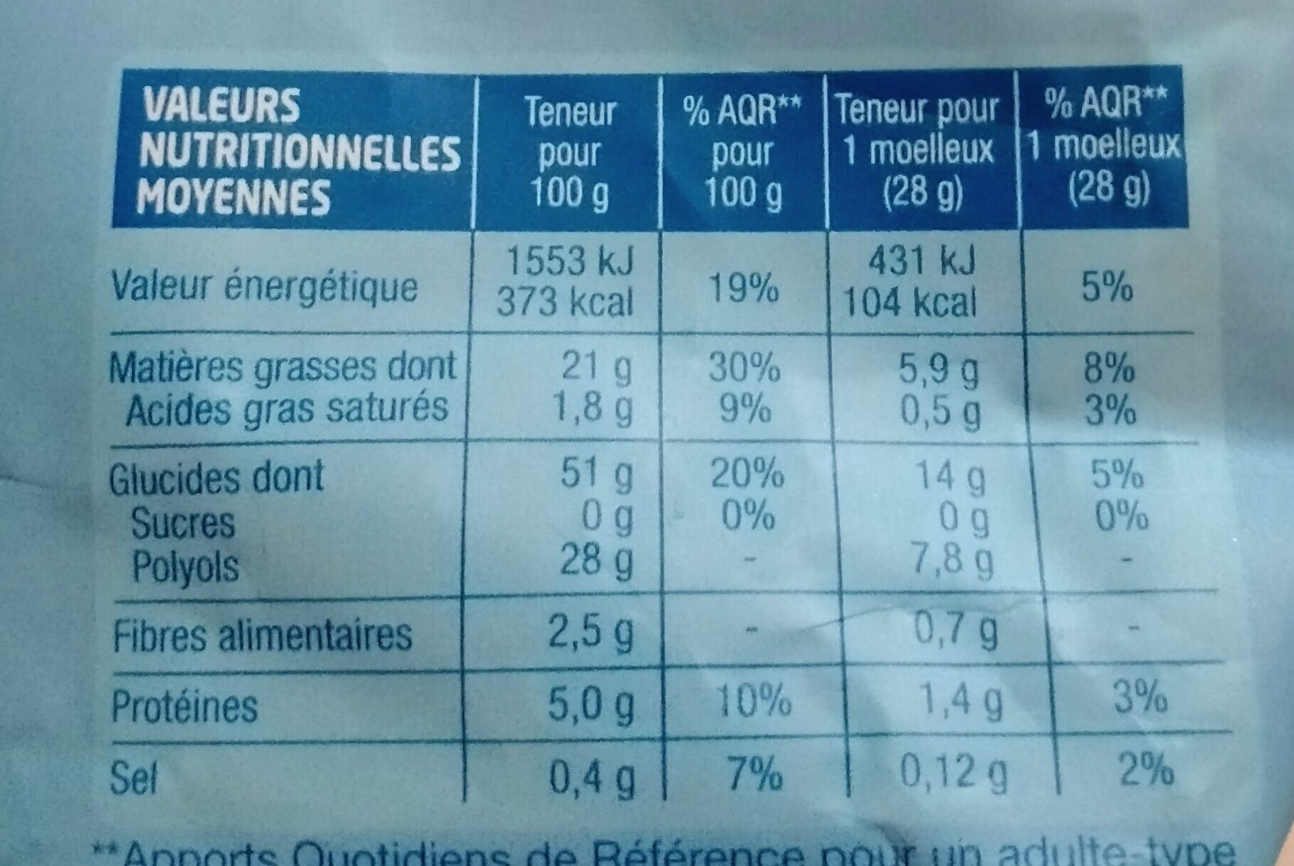 Moelleux saveur citron - Valori nutrizionali - fr