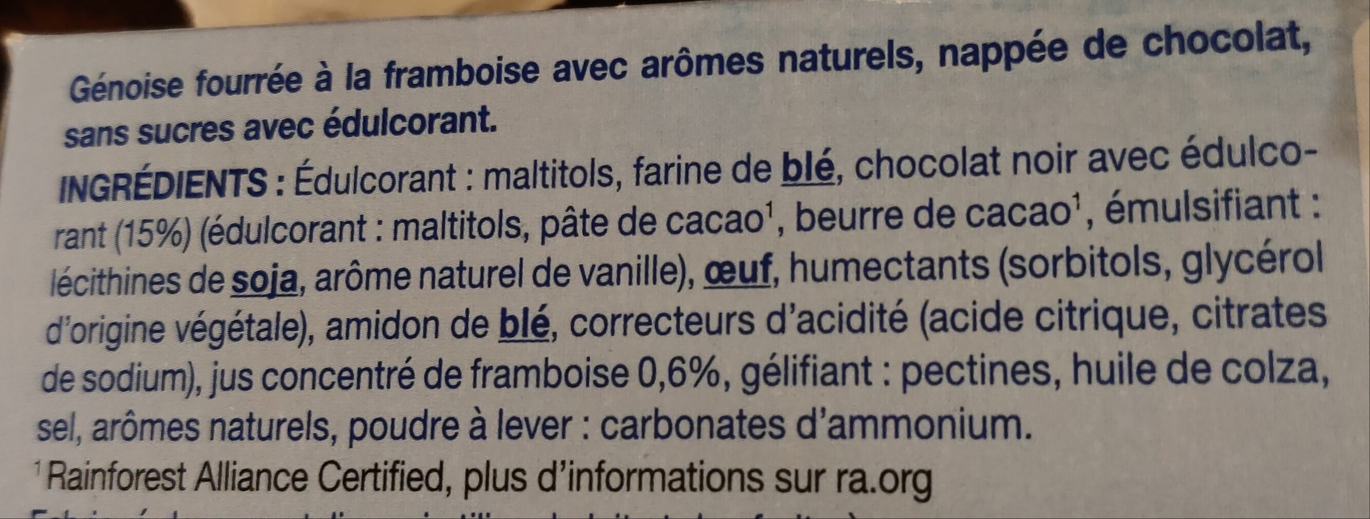 Gerblé sans sucres génoise chocolat saveur framboise - Ingrédients