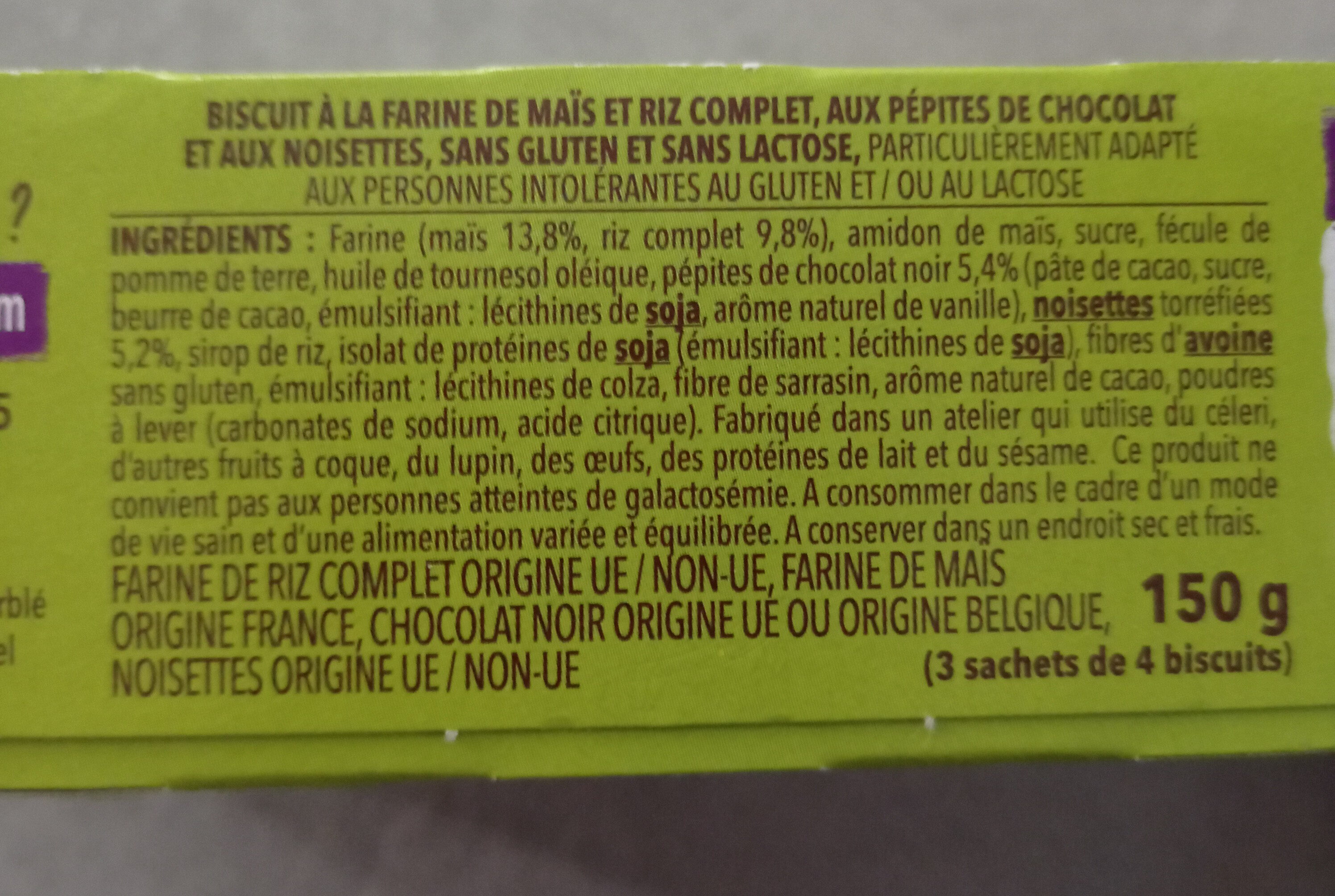 Gerble - Gluten Free and Lactose Free Choco Hazelnut Cookie, 150g (5.3oz) - Ingredients - fr