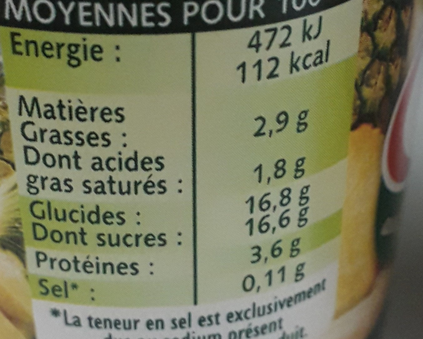 Panier d'Ananas - Tableau nutritionnel