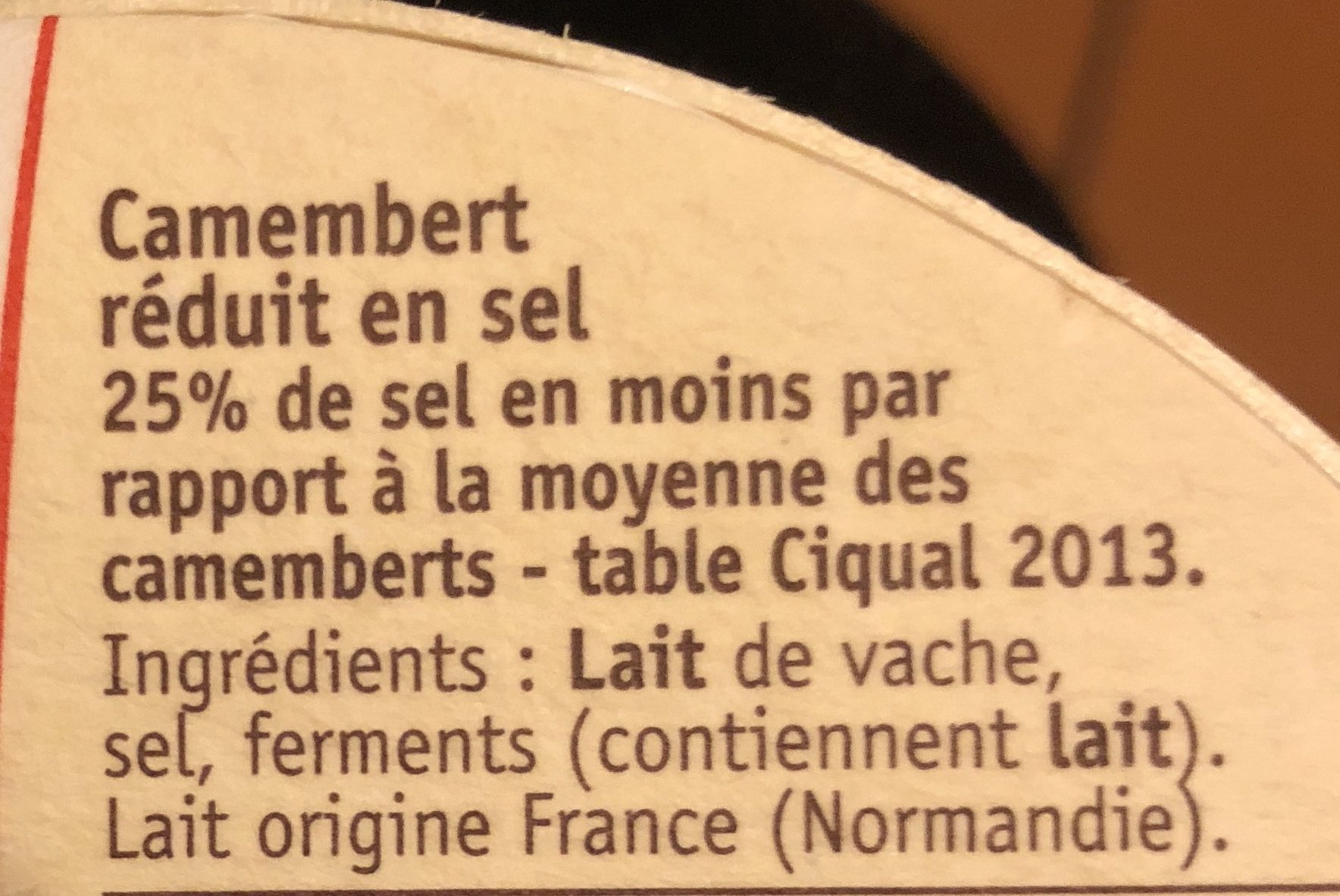 Camembert Sel Réduit de 25% - Ingrédients