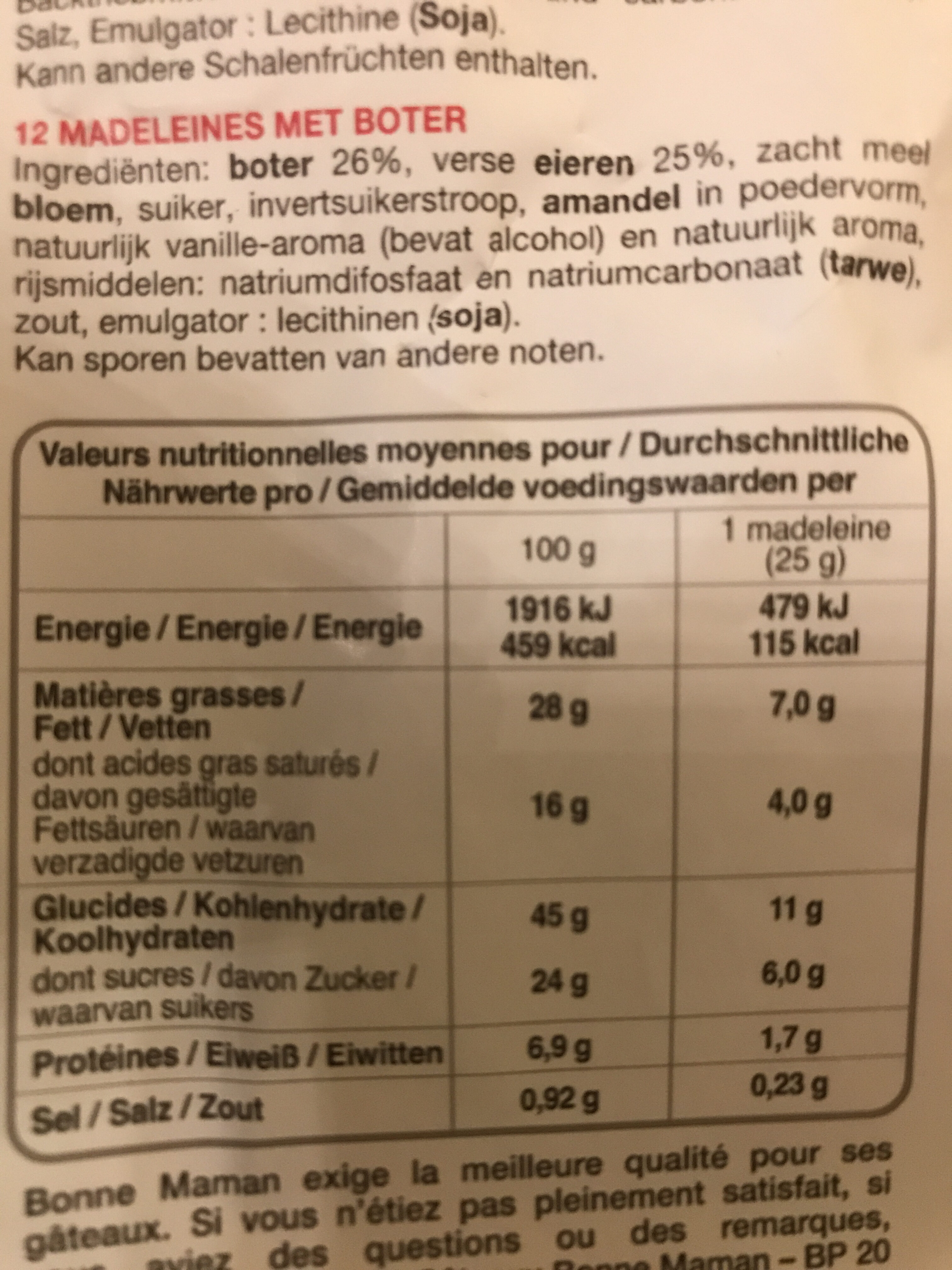 La Madeleine Pur beurre - Nutrition facts