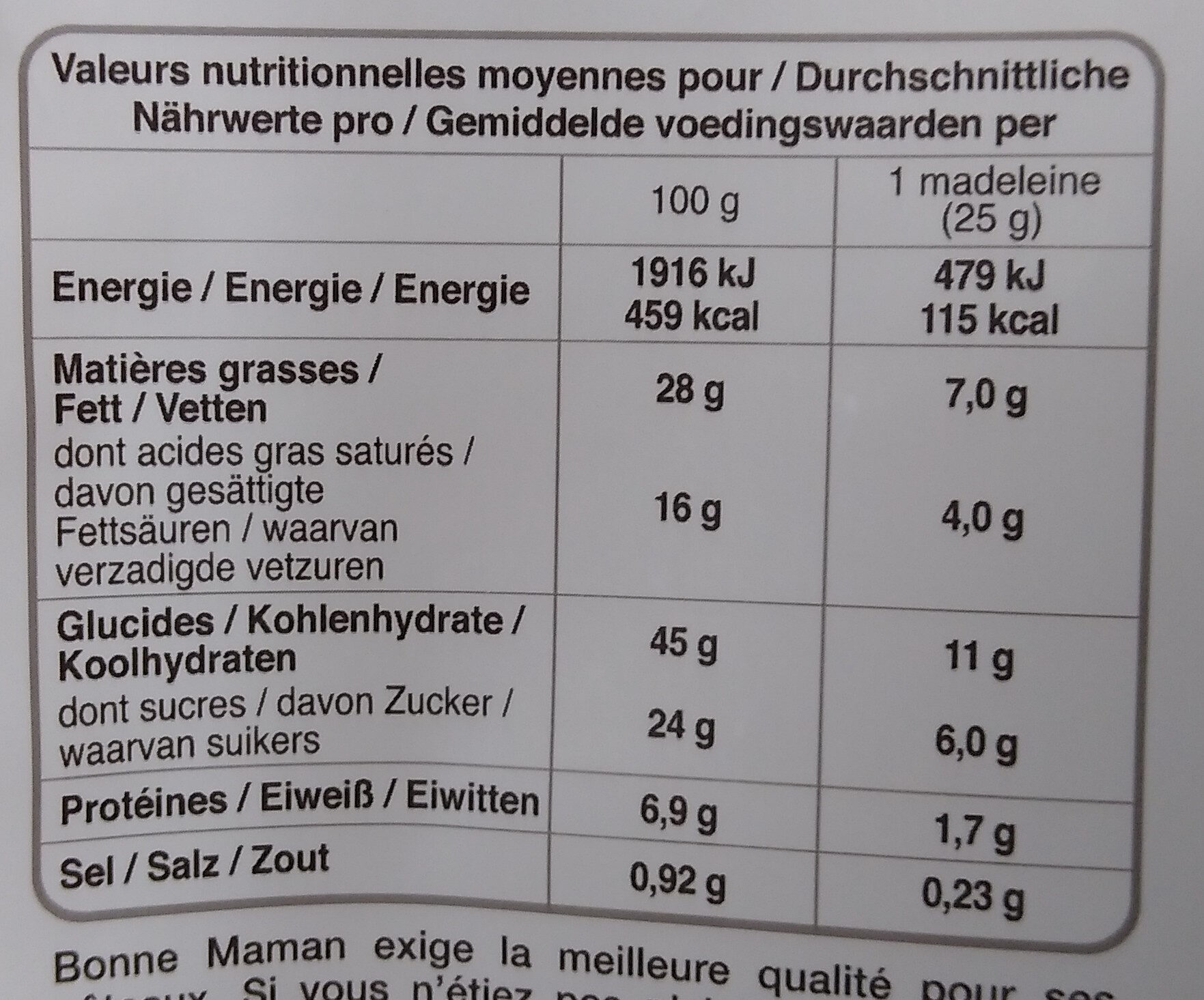 La Madeleine Pur beurre - Tableau nutritionnel