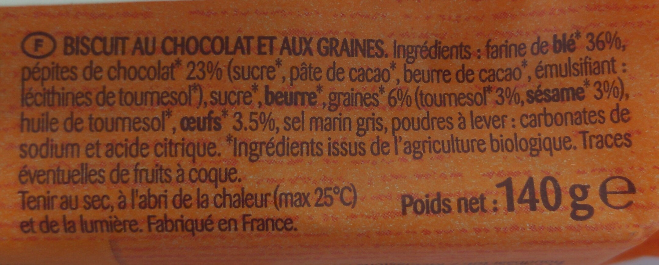 Cocottes chocolat et graines bio - Ingrédients