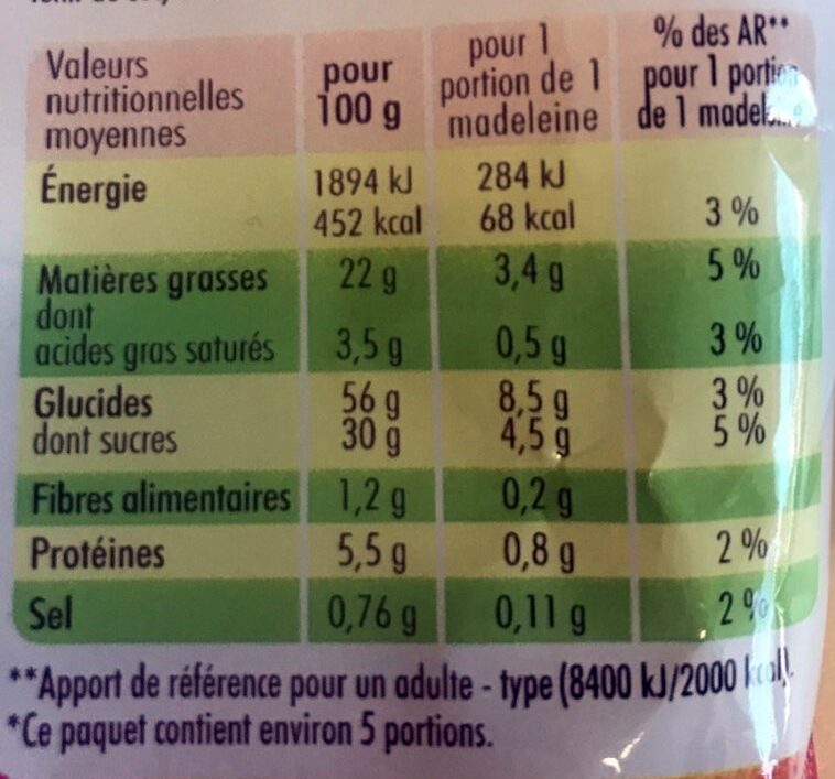 Madeleines - Pépites Chocolat 🍫 - Voedingswaarden - fr