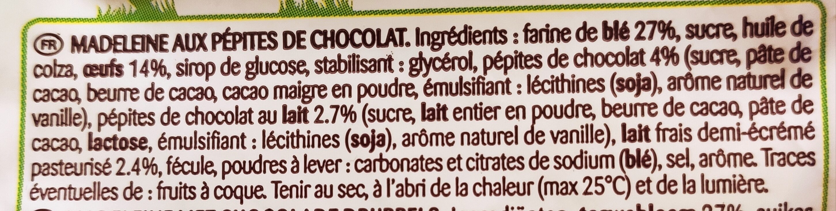 Petites Madeleine pépites chocolat - Ingrédients