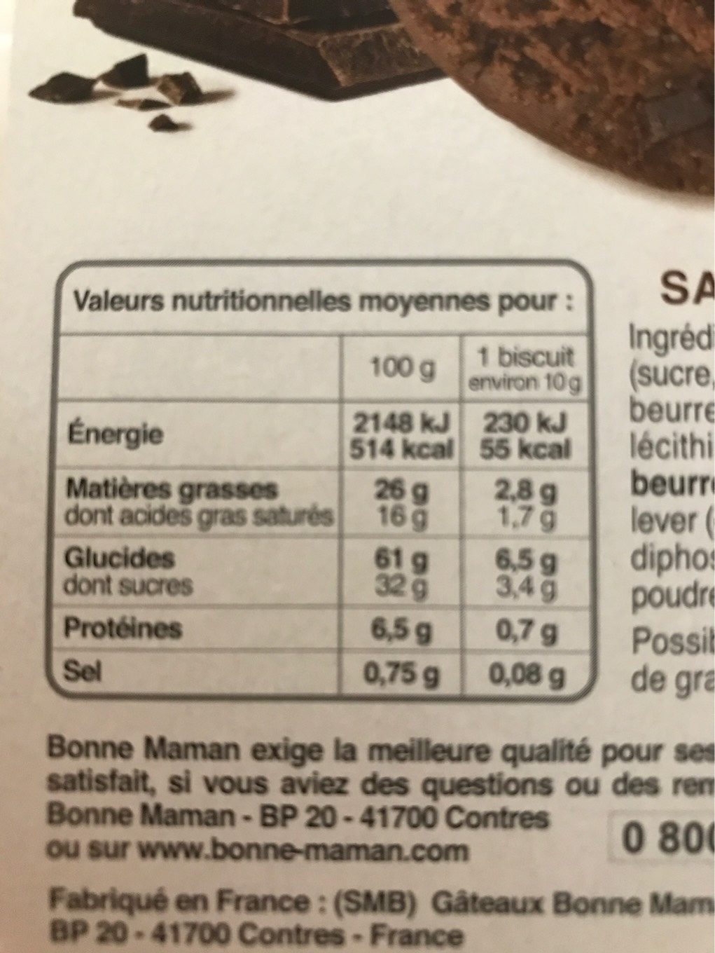 Biscuits sablés tout chocolat - Tableau nutritionnel