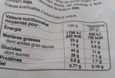 La madeleine tout chocolat - Información nutricional - fr