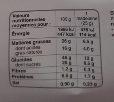 La madeleine pur beurre - حقائق غذائية - fr