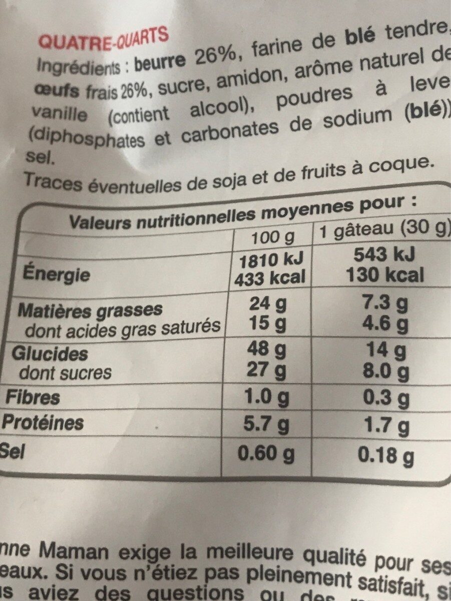 Quatre quarts pur beurre - Nutrition facts - fr