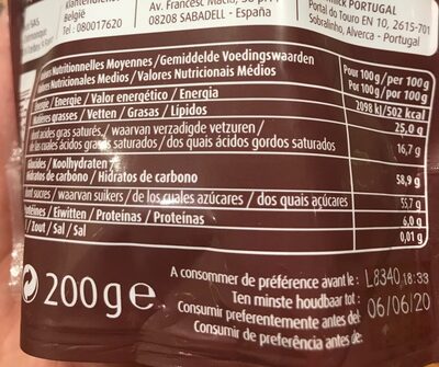 Pépites Chocolat Noir - Tableau nutritionnel