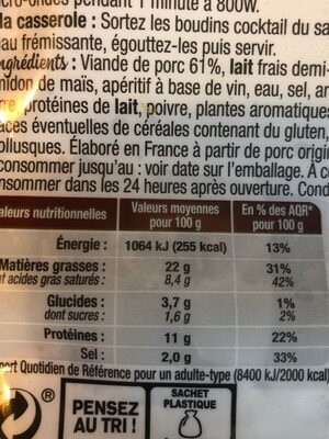 Boudin cocktail nature - Nutrition facts - fr