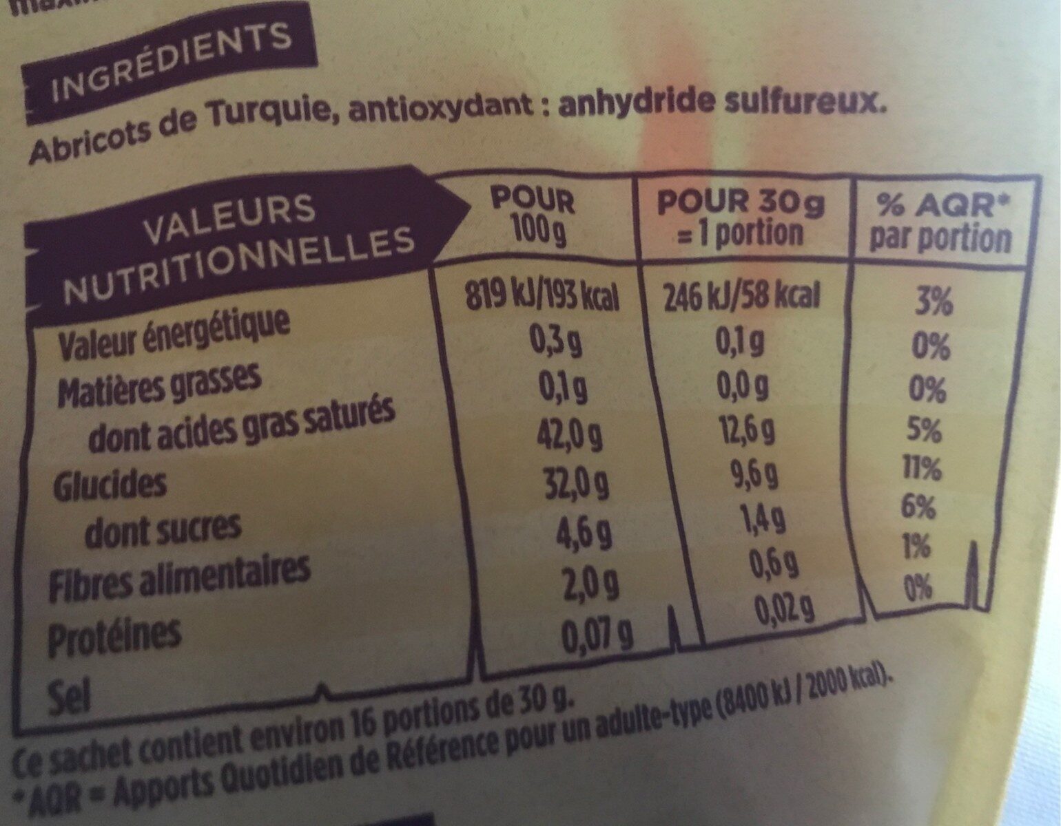 Abricots moelleux - Tableau nutritionnel
