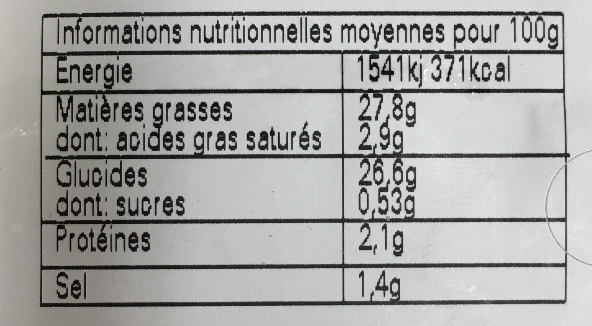 Pommes paillasson - Tableau nutritionnel