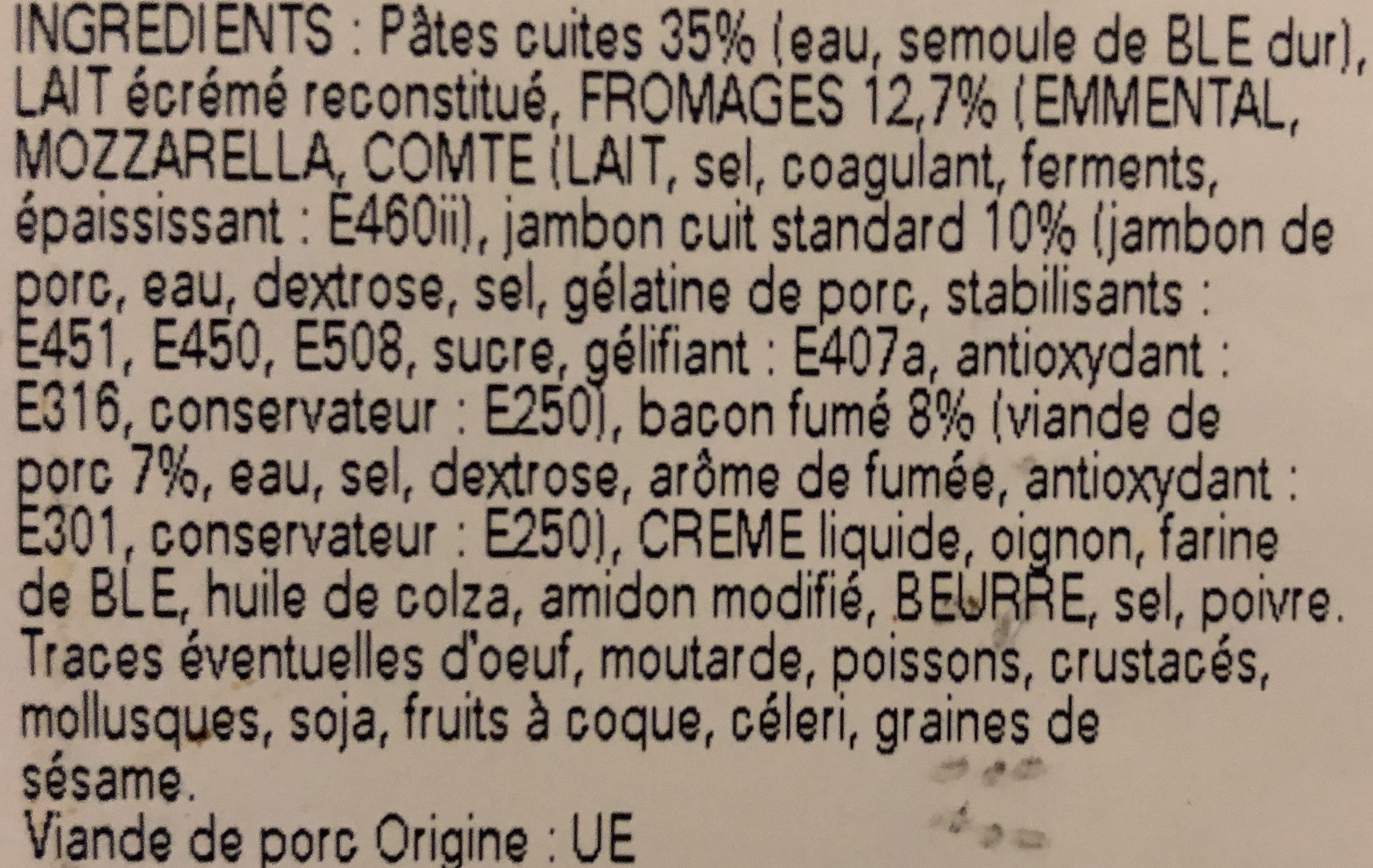 Gratin De Pâtes Et Bacon Aux 3 Fromages, La Barquette De - Ingrediënten - fr