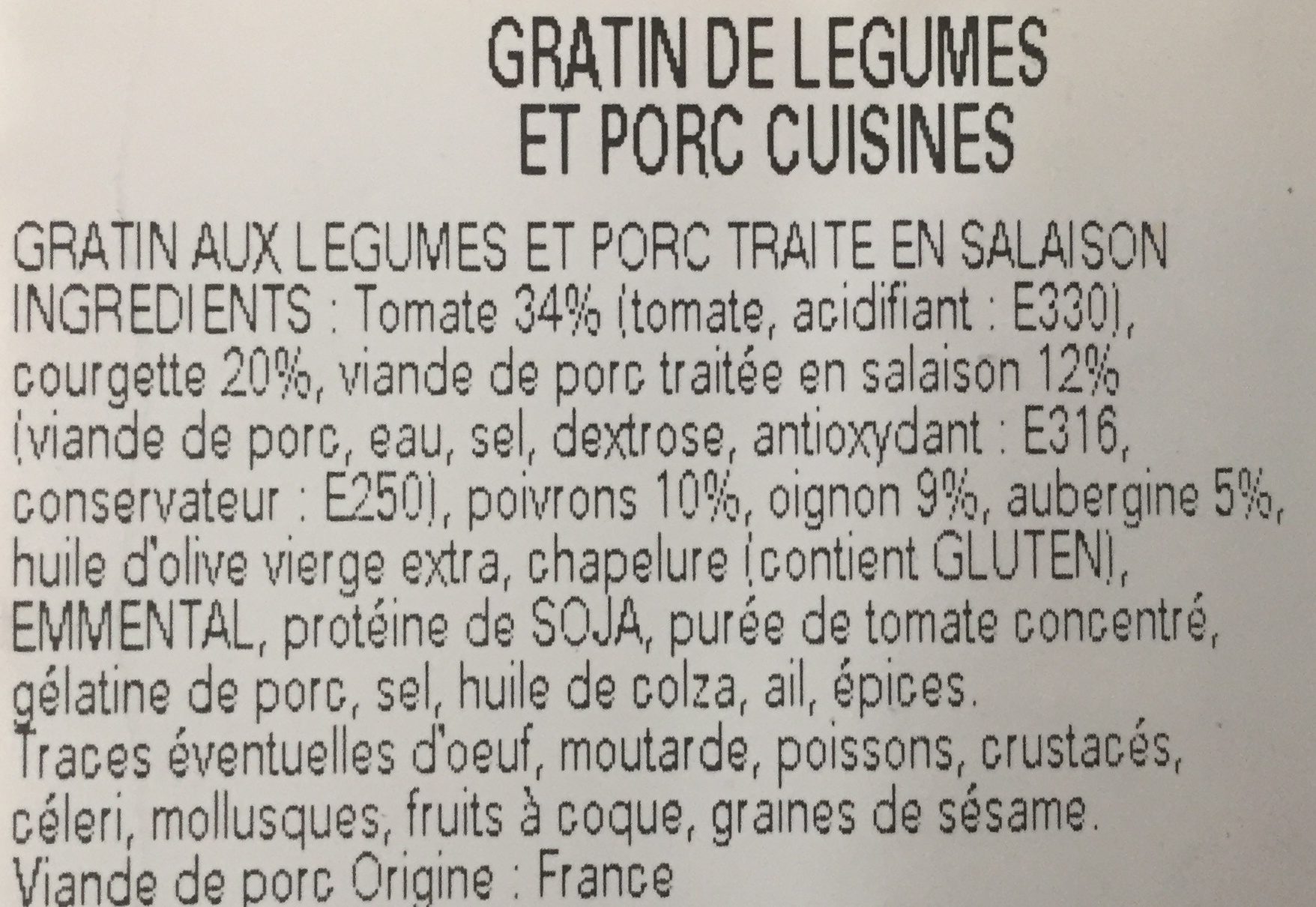 300G Gratin Legumes Porc Cuisine Stalaven - Ingrediënten - fr