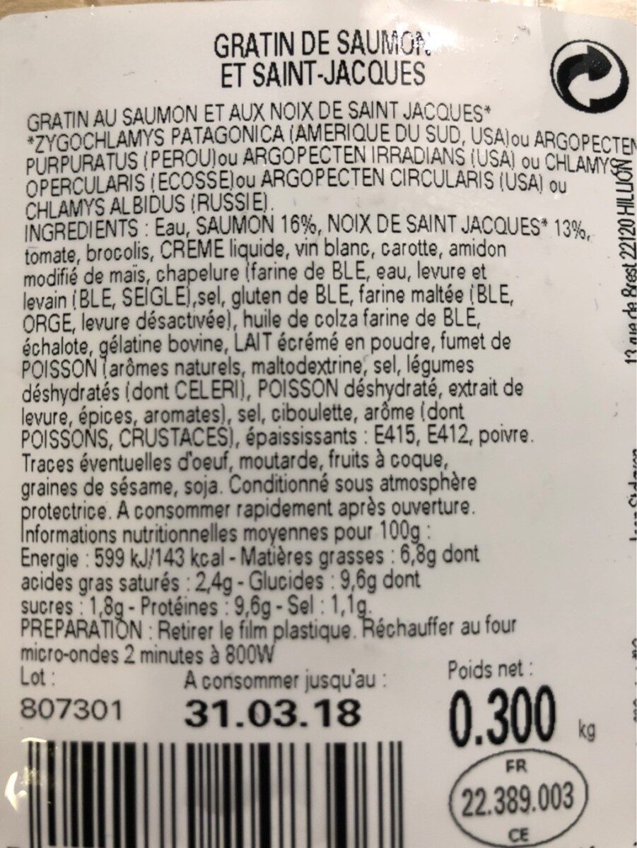 300G Gratin Saumon Saint Jacques Stalaven - Tableau nutritionnel