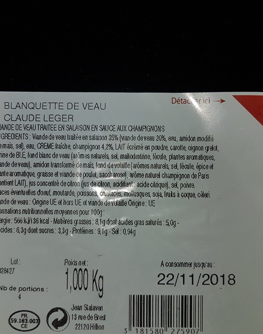 Blanquette de veau - Ingrédients