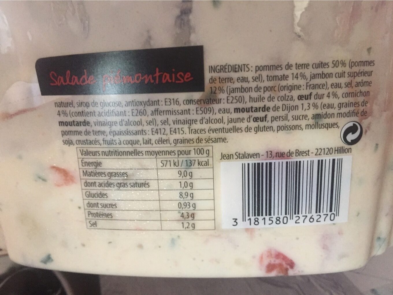 Salade piemontaise au jambon - Voedingswaarden - fr