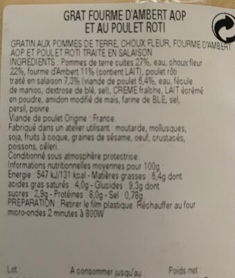 Gratin a la fourme d'ambert AOP et poulet roti - Voedingswaarden - fr
