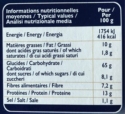 Grilletine Blé Complet x12 - Tableau nutritionnel