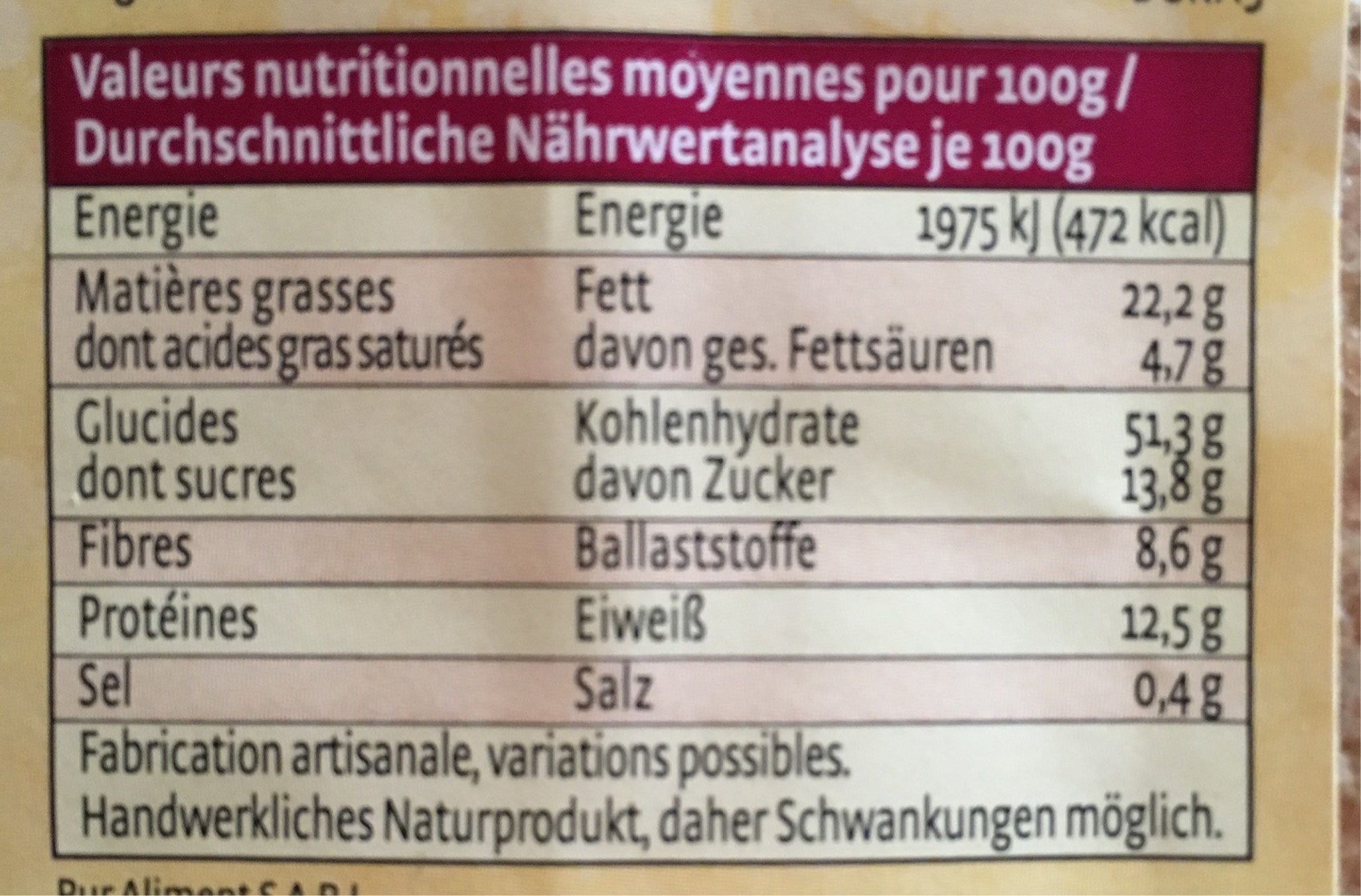 Tranches croustillantes Cranberry-Coco - Tableau nutritionnel