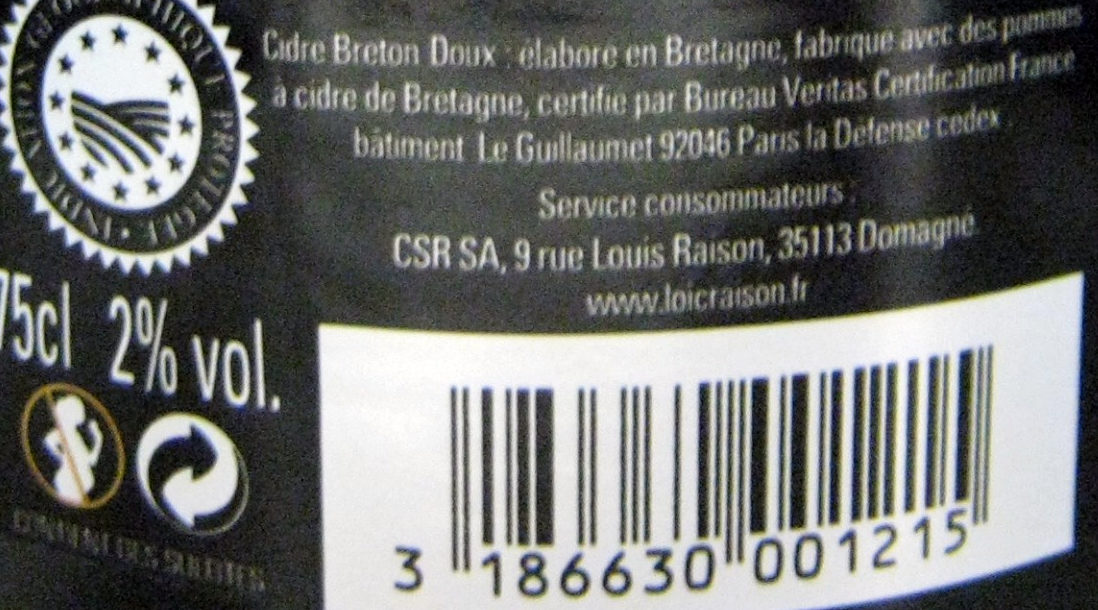 Cidre Breton Doux - Ingrediënten - fr