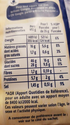 Pancakes sans conservateurs Farine de blé issue de Moulins Français - Tableau nutritionnel
