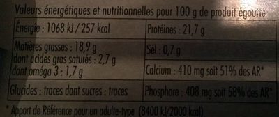 Sardine Les Dieux Huile végétal - Tableau nutritionnel