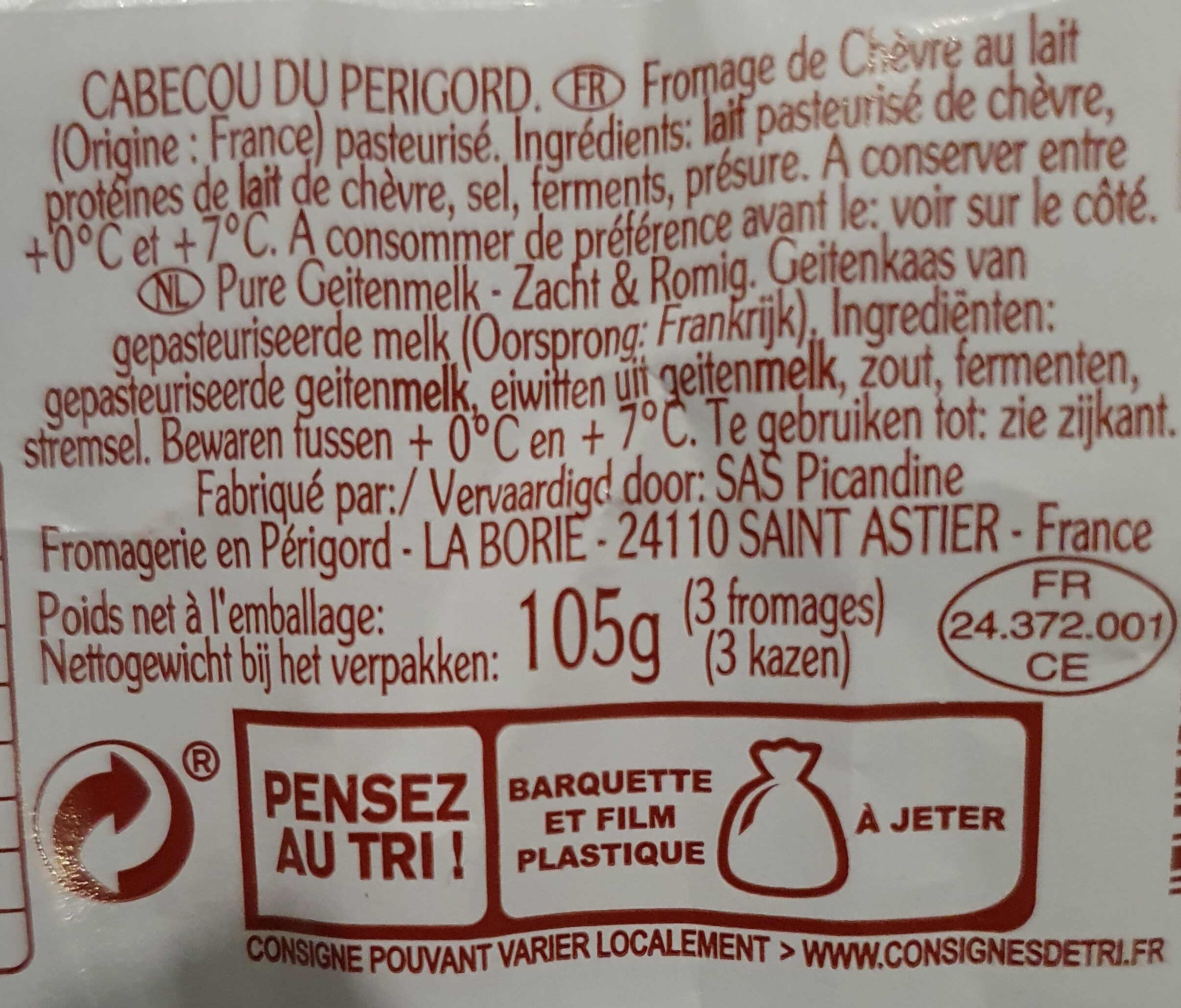 Fromage chèvre Chabichou du Poitou AOP Sevre et Belle - Ingredientes - fr