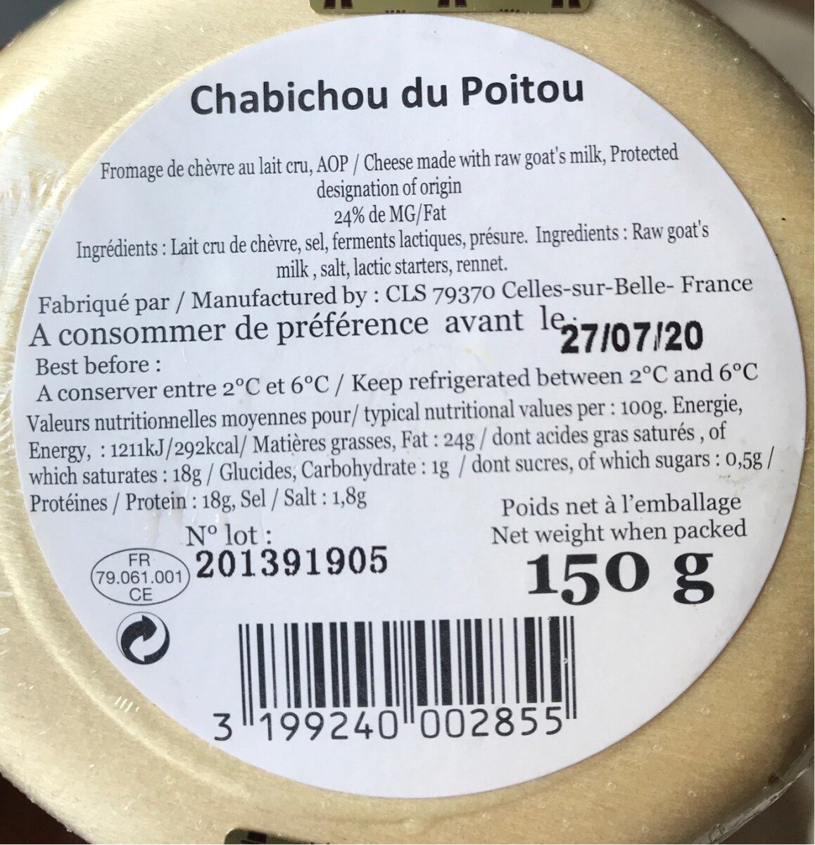 Fromage chèvre Chabichou du Poitou AOP Sevre et Belle - Información nutricional - fr