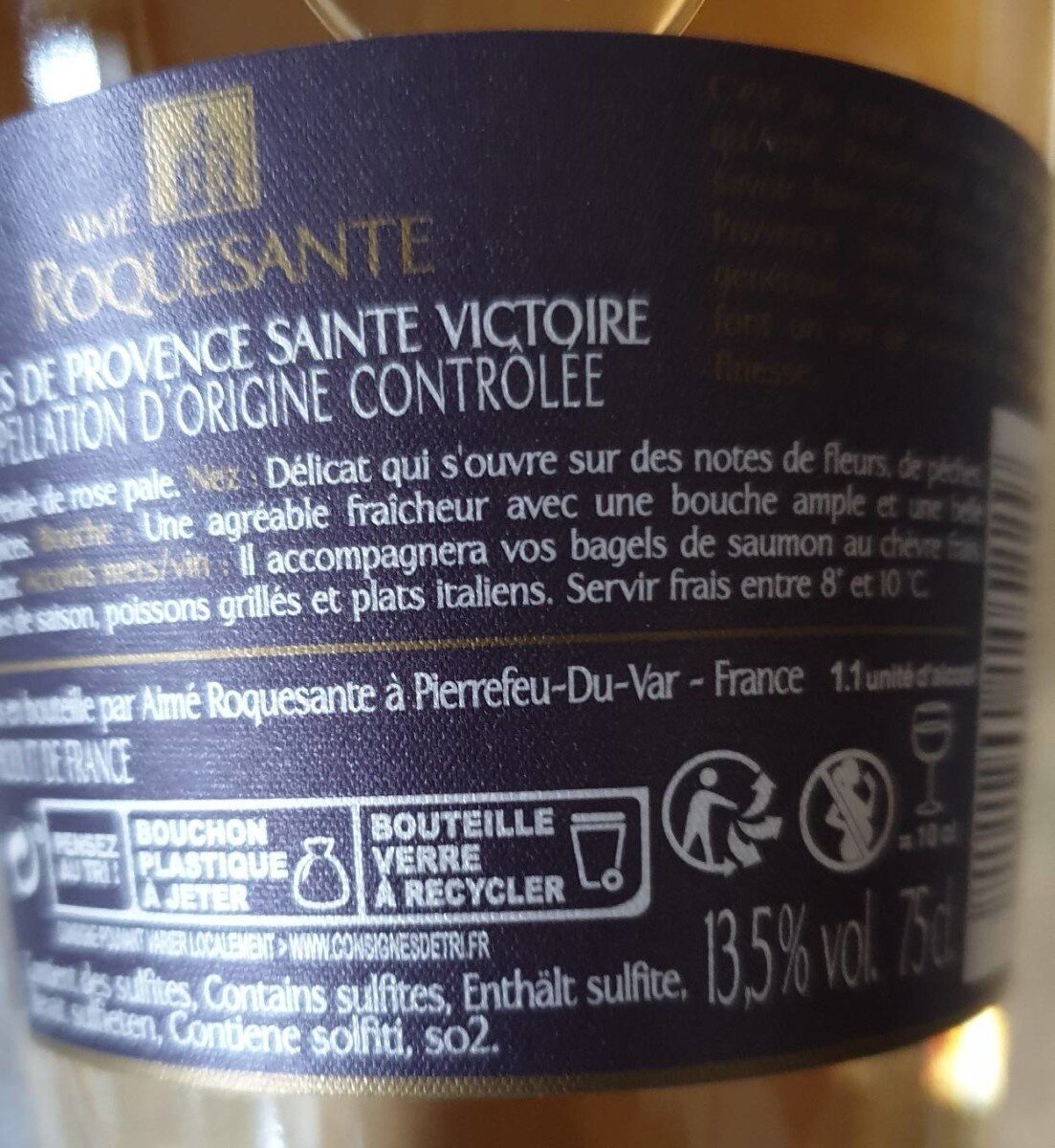 Vin rosé Côtes de Provence - Tableau nutritionnel