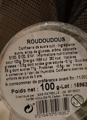 Roudoudous - Tableau nutritionnel