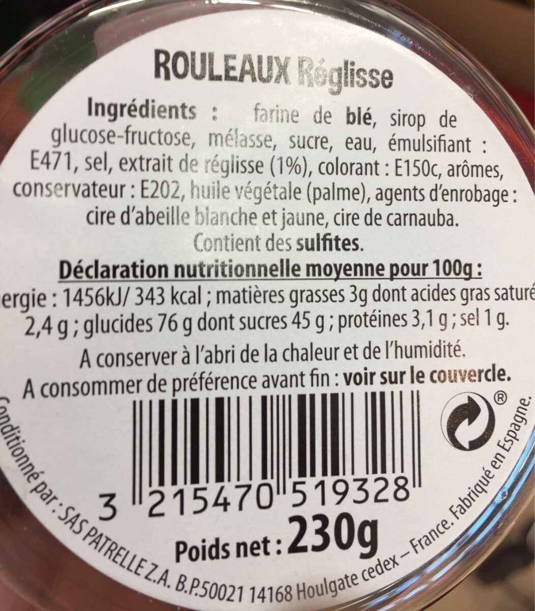 Rouleau reglisse - Tableau nutritionnel