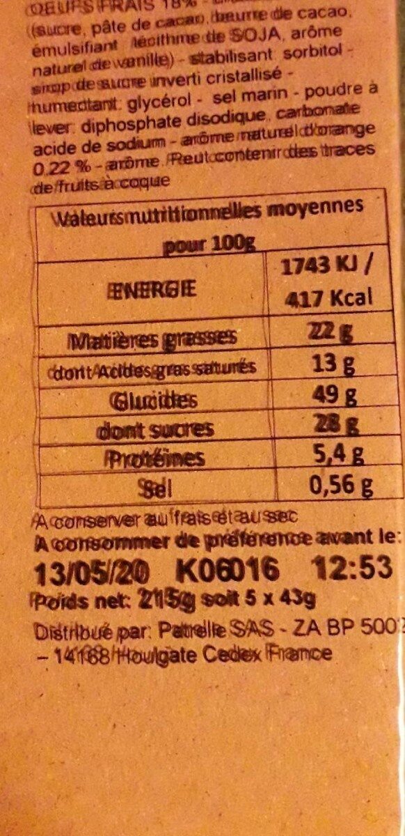 Madeleine orange chocolat - Tableau nutritionnel