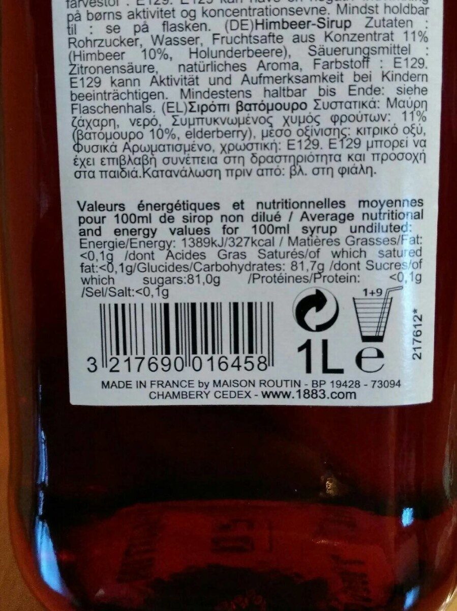 Sirop Framboise - Nutrition facts - fr
