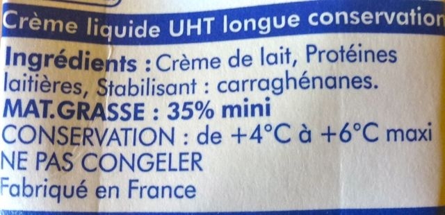 Crème liquide UHT, pour cuisiner et foisonner - Ingredients - fr