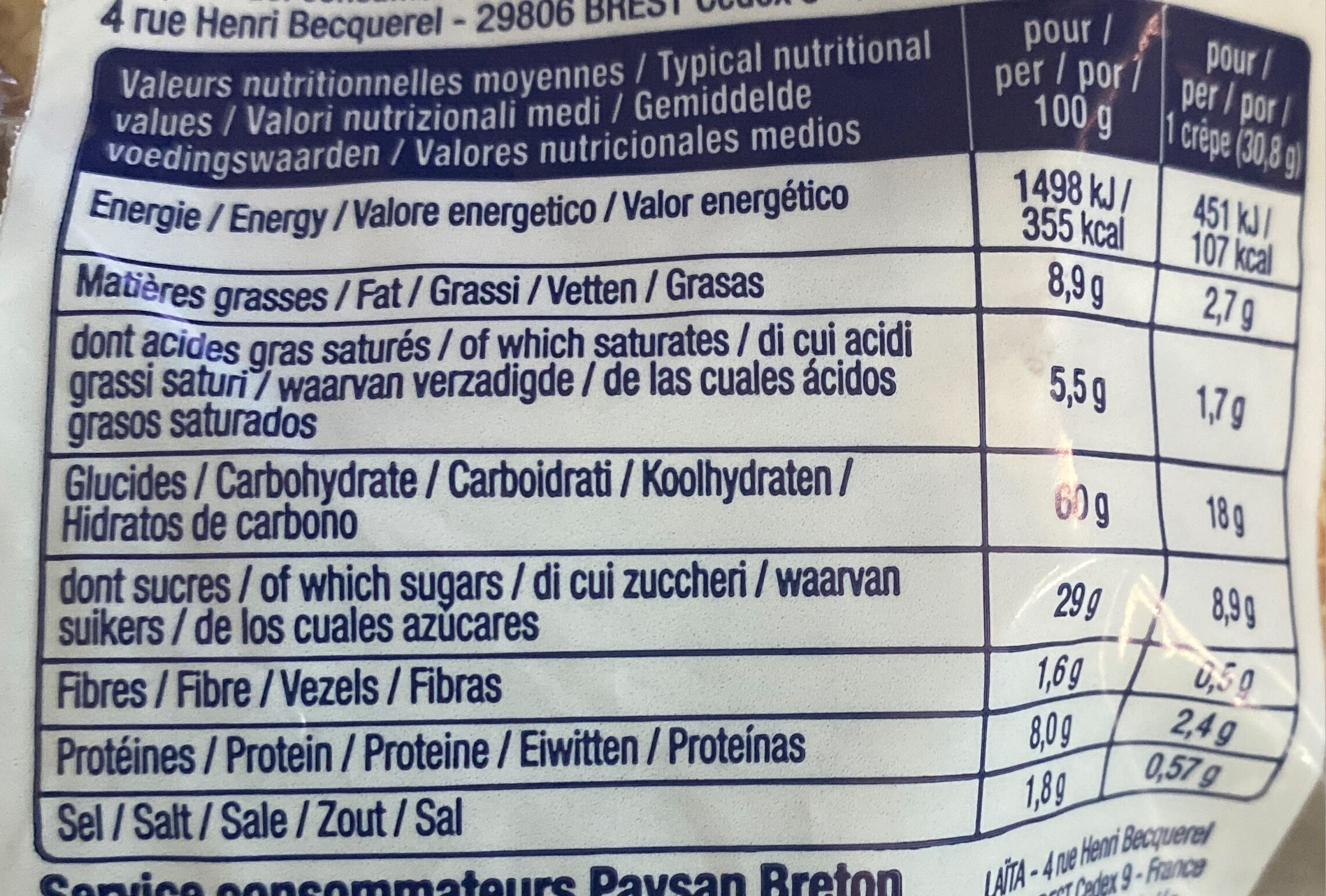 Paysan Breton - 12 Crêpes - Tableau nutritionnel