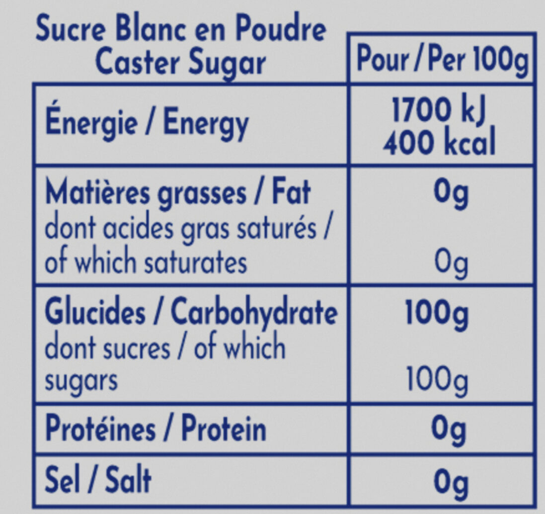 Bûchettes de Sucre 4g x 125 - Coffret de 500g - Tableau nutritionnel