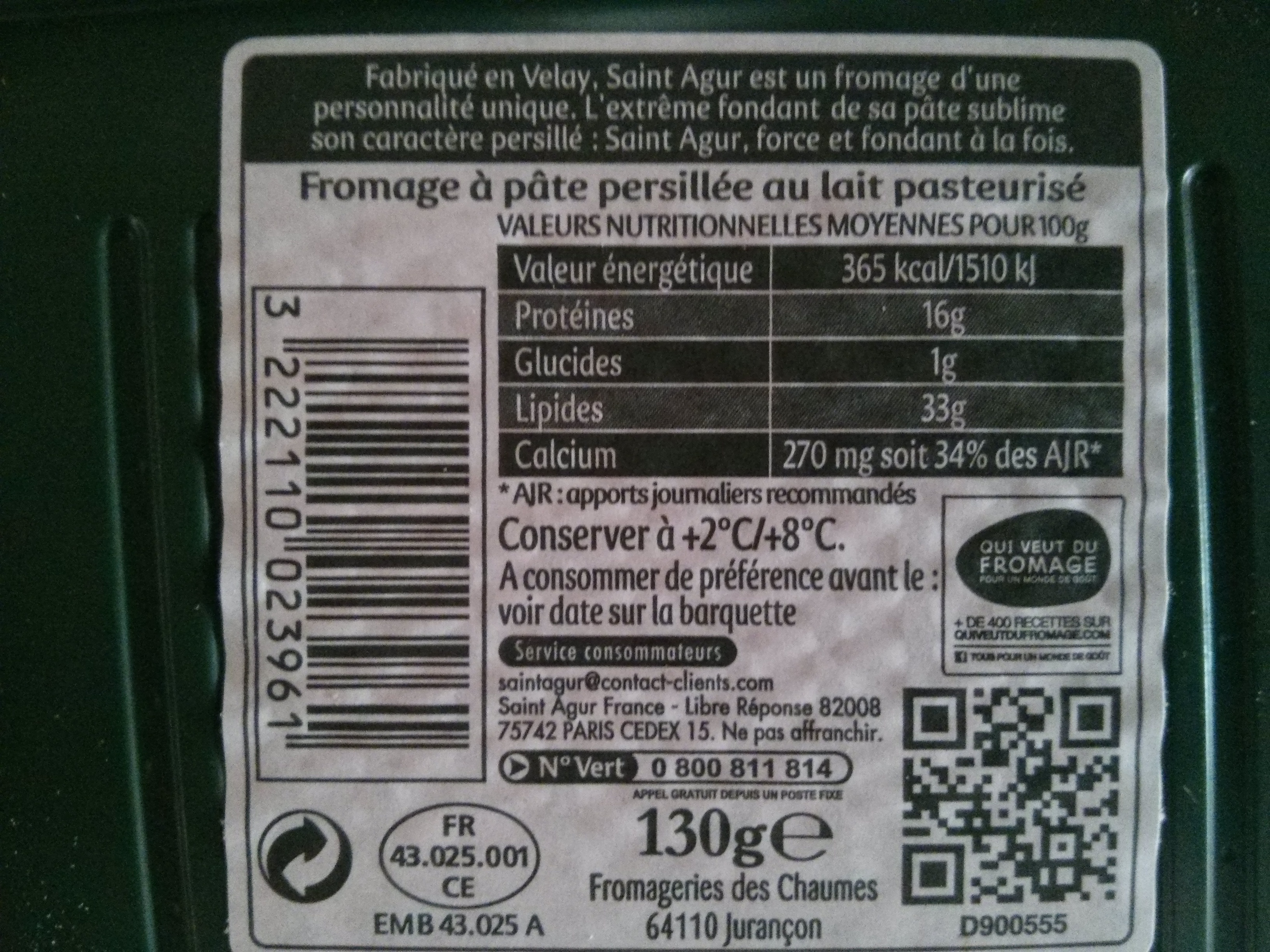 Saint Agur 25% - Tableau nutritionnel