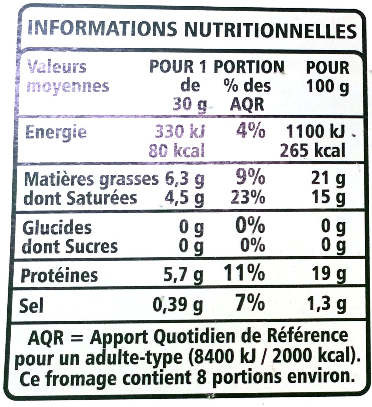 Camembert au lait pasteurisé - Información nutricional - fr