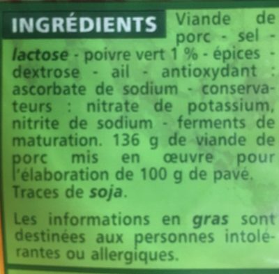 Pavé au poivre vert 10 Tranches - Ingredients