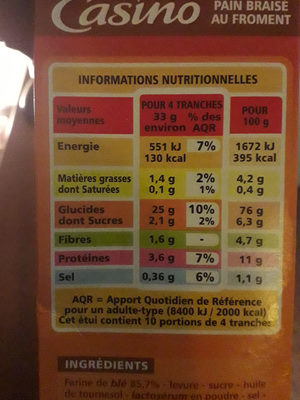 Pain braisé - Nutrition facts - fr