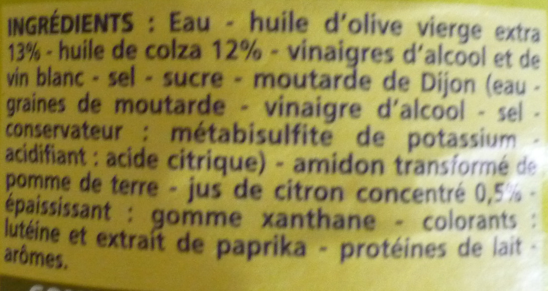Vinaigrette - Huile d'olive vierge extra (13%) citron allégée en matières grasses - Ingrédients