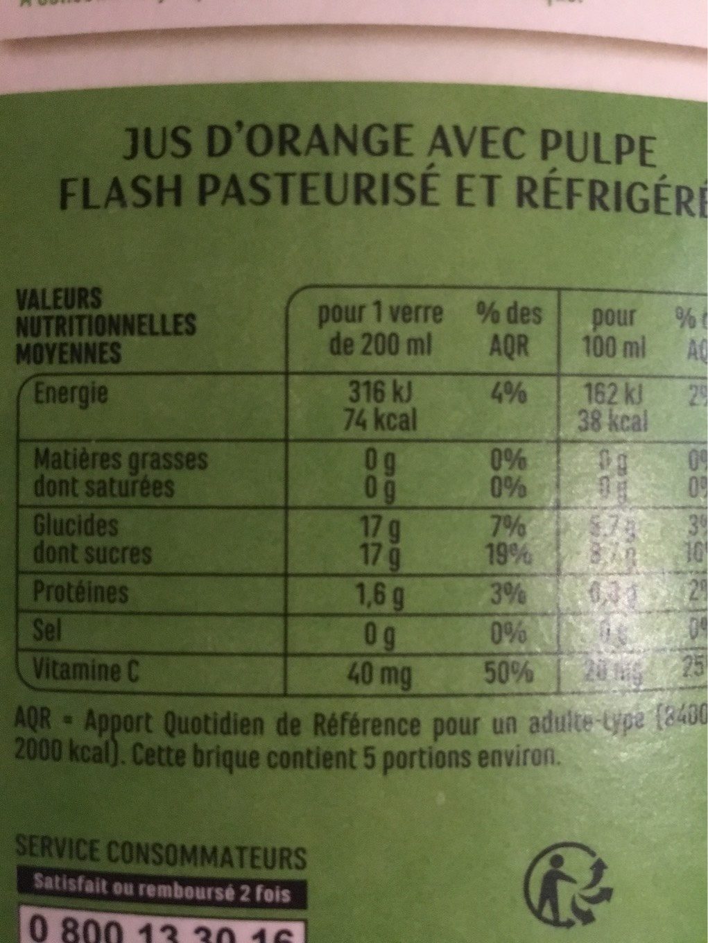 100% Pur Jus Orange pué Flash pasteurisé - Näringsfakta - fr