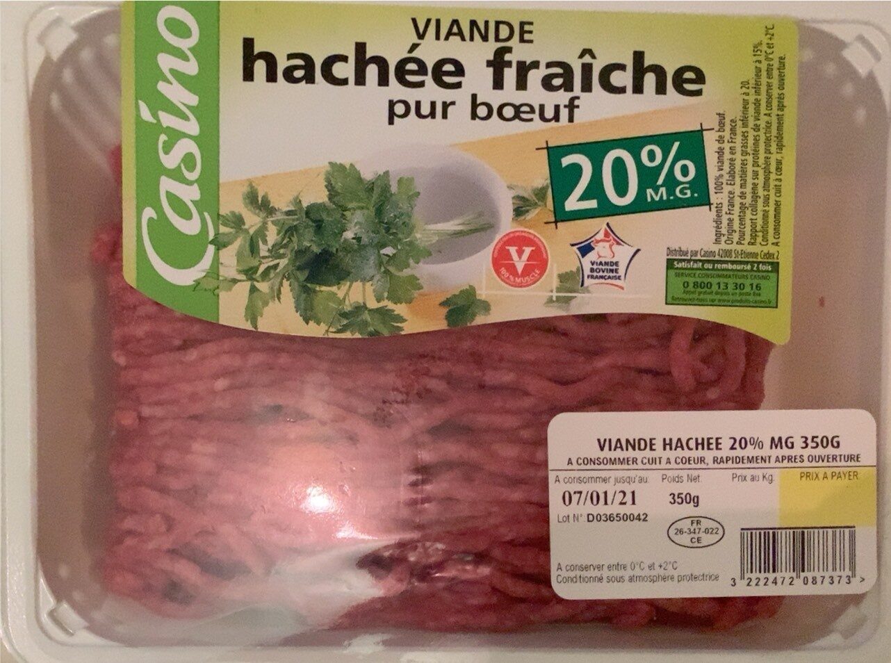 Viande hachée fraîche pur bœuf (20 % M.G.) - Product - fr